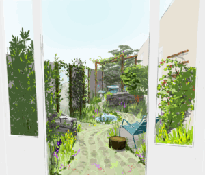 Sfeerimpressie van een groene stadstuin